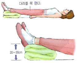 다리를 쭉 편다. 20~30cm의 높이로 발을 받쳐준다